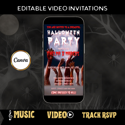 Halloween-Videoeinladung, animierte Zombie-Einladung, bearbeitbare mobile Halloween-Party-Einladung