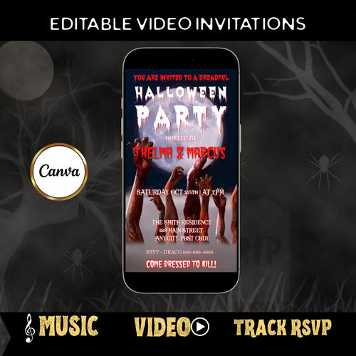 Halloween-Videoeinladung, animierte Zombie-Einladung, bearbeitbare mobile Halloween-Party-Einladung