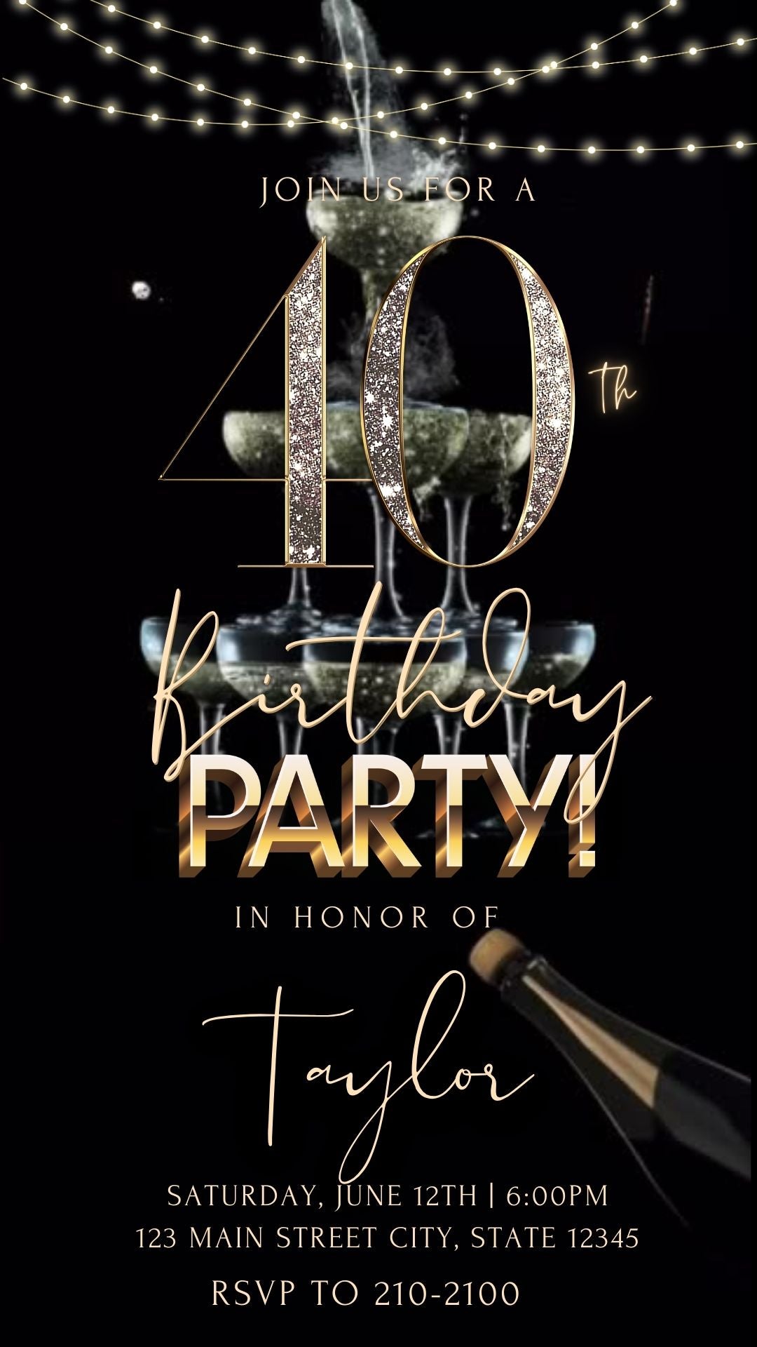 Editable black gold champagne 40th birthday video invitation displayed on a mobile phone, featuring an animated vertical digital invite with music, created in Canva. This premium video invitation template is designed for sharing by text, email, and social media and works with an interactive RSVP website for easy guest response tracking.