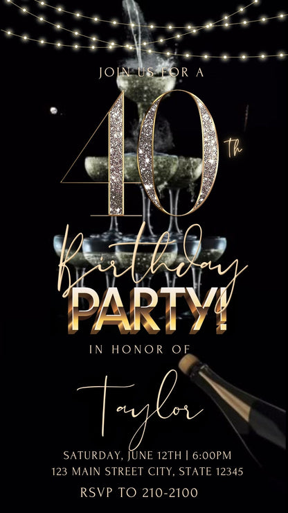 Editable black gold champagne 40th birthday video invitation displayed on a mobile phone, featuring an animated vertical digital invite with music, created in Canva. This premium video invitation template is designed for sharing by text, email, and social media and works with an interactive RSVP website for easy guest response tracking.