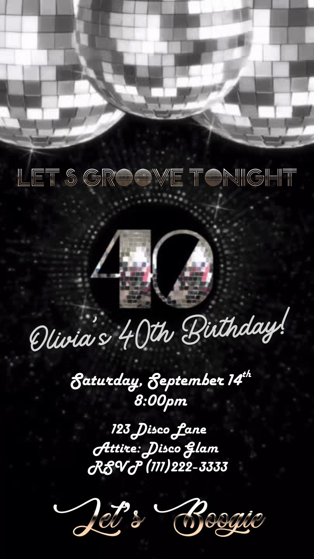 Editable disco silver 40th birthday video invitation displayed on a mobile phone, featuring an animated vertical digital invite with music, created in Canva. This premium video invitation template is designed for sharing by text, email, and social media and works with an interactive RSVP website for easy guest response tracking.