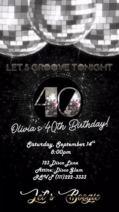 Editable disco silver 40th birthday video invitation displayed on a mobile phone, featuring an animated vertical digital invite with music, created in Canva. This premium video invitation template is designed for sharing by text, email, and social media and works with an interactive RSVP website for easy guest response tracking.