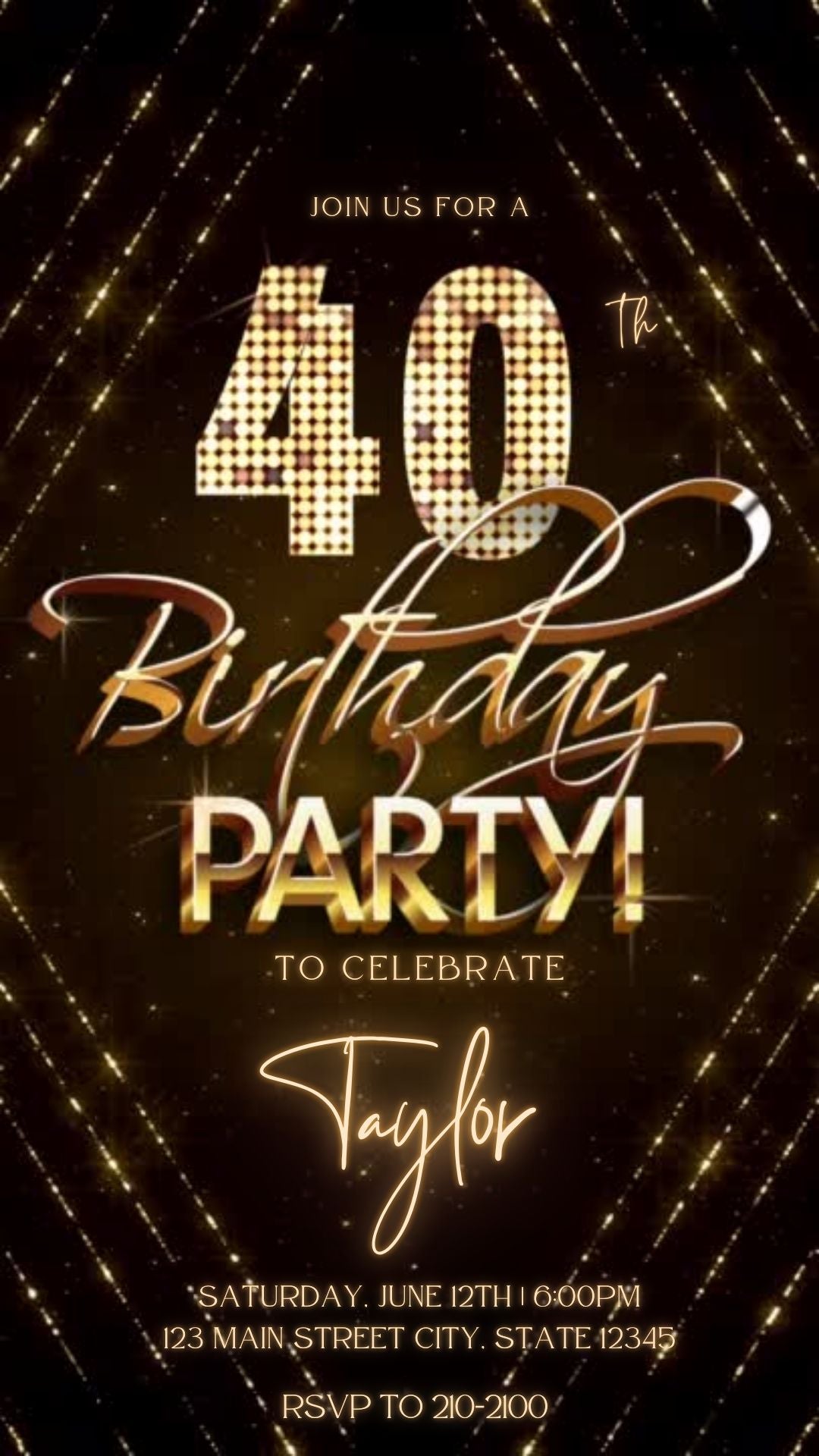 Editable gold glitter 40th birthday video invitation displayed on a mobile phone, featuring an animated vertical digital invite with music, created in Canva. This premium video invitation template is designed for sharing by text, email, and social media and works with an interactive RSVP website for easy guest response tracking.
