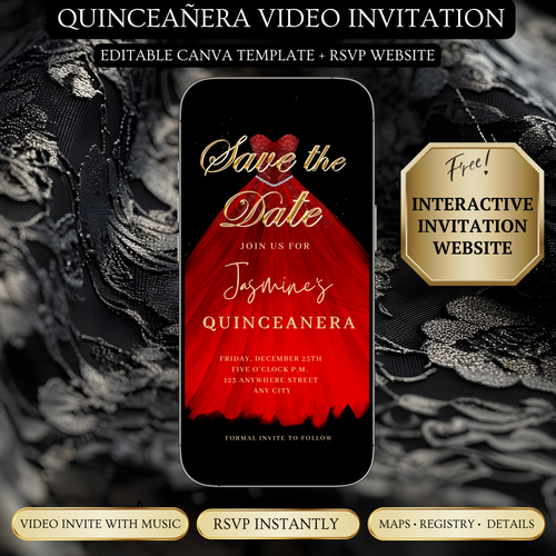 Red Quinceanera Video Invite | Sweet 15 16 Quince RSVP Tracker | Editable Canva Evite Template