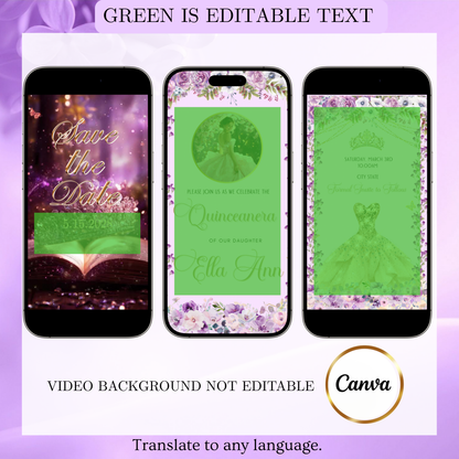 Lilac Quinceañera Video Invitation | Digital Princess Sweet 15 16 Animated Invite | Editable Canva Template