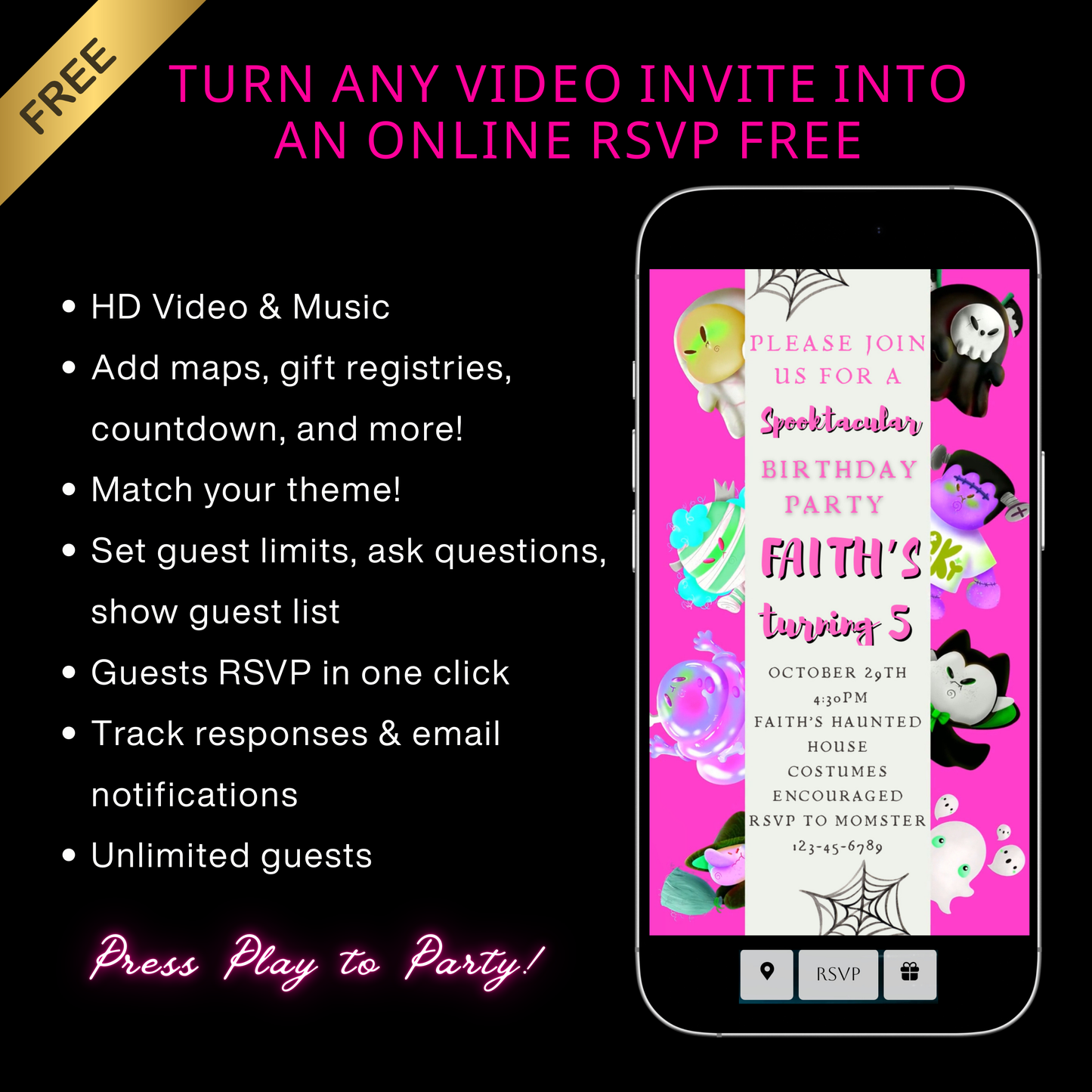 Halloween-Videoeinladung, animierte Einladung „Pink Little Monsters“, bearbeitbare mobile Einladung zur Halloween-Party