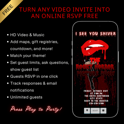 Halloween-Videoeinladung, animierte Einladung zur Rocky Horror Picture Show, bearbeitbare mobile Halloween-Party-Einladung