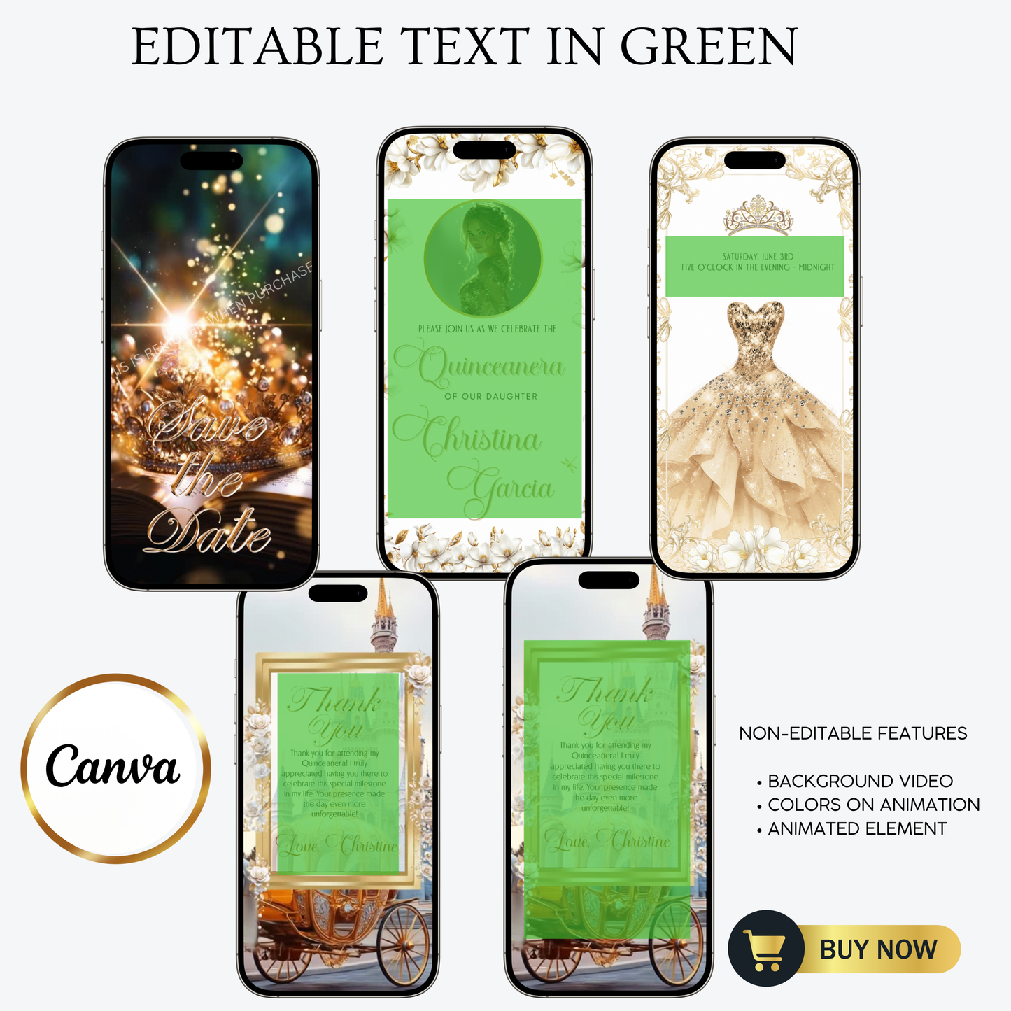 White and Gold Quinceañera Invitation | Royal Princess Video Invite with RSVP Website | Editable Canva Template | Elegant Gold Dress Sweet 16 Digital Evite