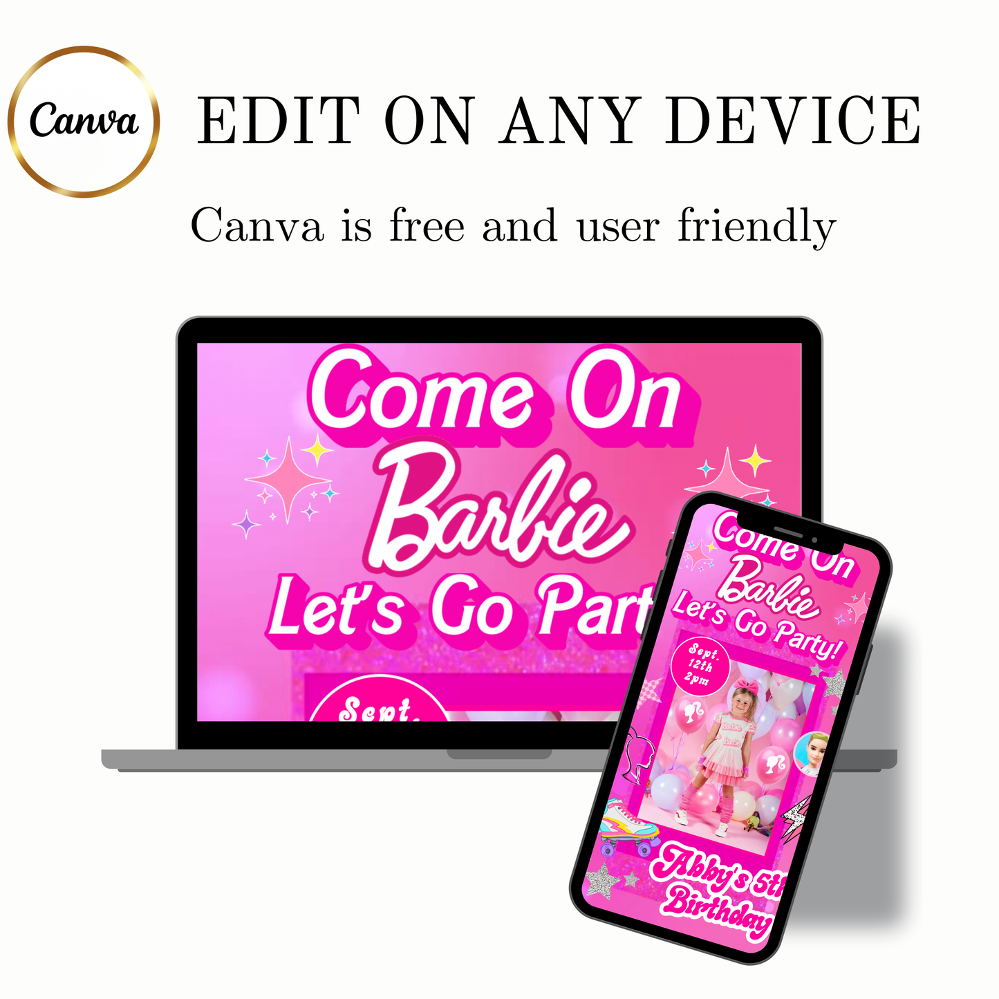 Editable Barbie Video Invitation | Animated Pink Barbie Digital Evite | Editable Canva Invite Template