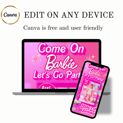 Editable Barbie Video Invitation | Animated Pink Barbie Digital Evite | Editable Canva Invite Template