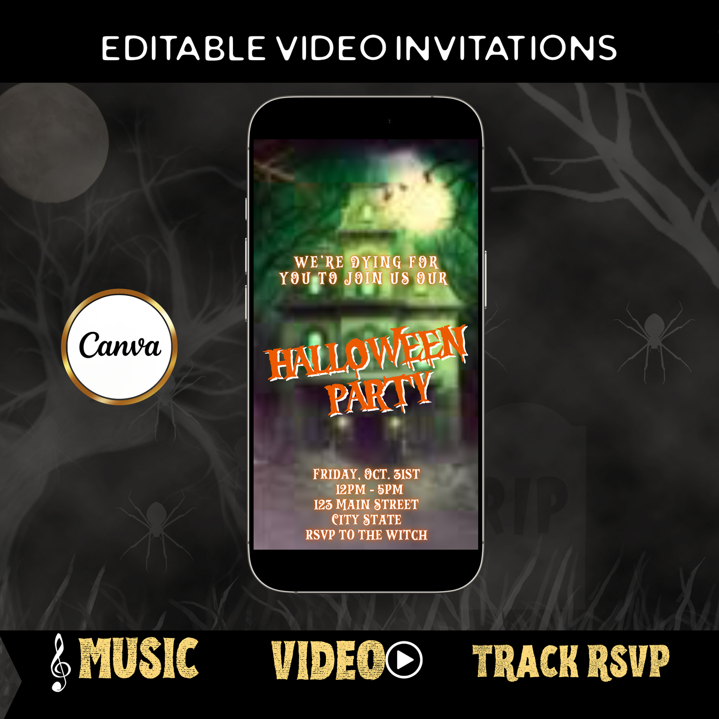 Halloween-Videoeinladung, animierte Einladung zum Spukhaus, bearbeitbare mobile Halloween-Partyeinladung