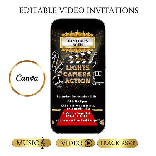 Videoeinladung zum Hollywood-Roten-Teppich-Event | Einladung zur Filmabendparty | Digitale, bearbeitbare Vorlage