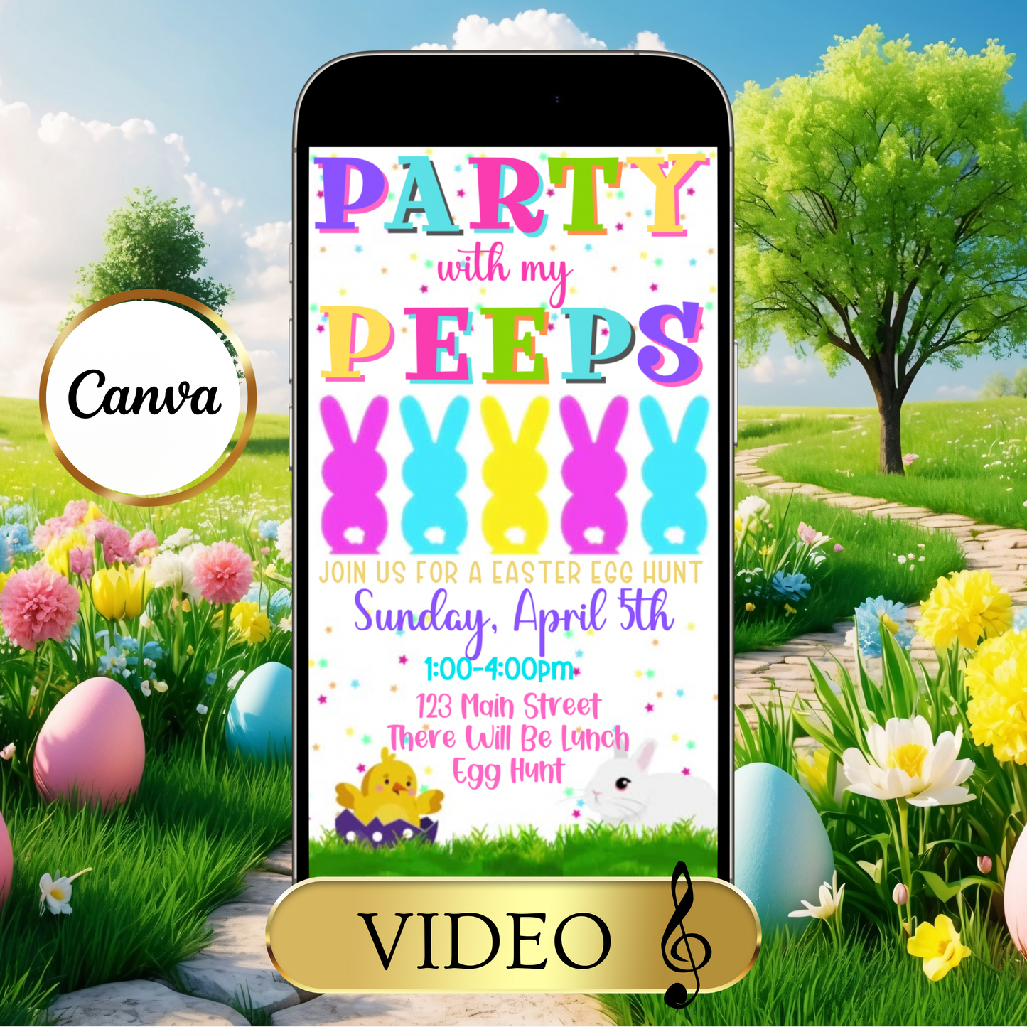 Easter Peeps Video Invitation, Party with my Peeps Animated Invite, Digital Canva Template