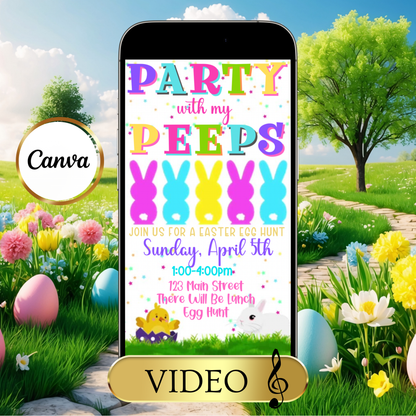 Easter Peeps Video Invitation, Party with my Peeps Animated Invite, Digital Canva Template