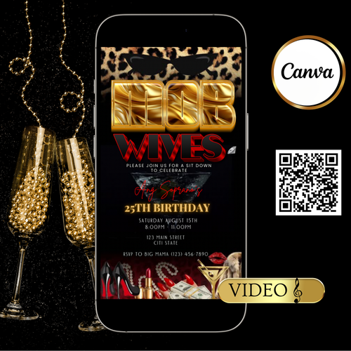 Mob Wife Video | Invitation Glam Mafia Party Invite | Canva Template