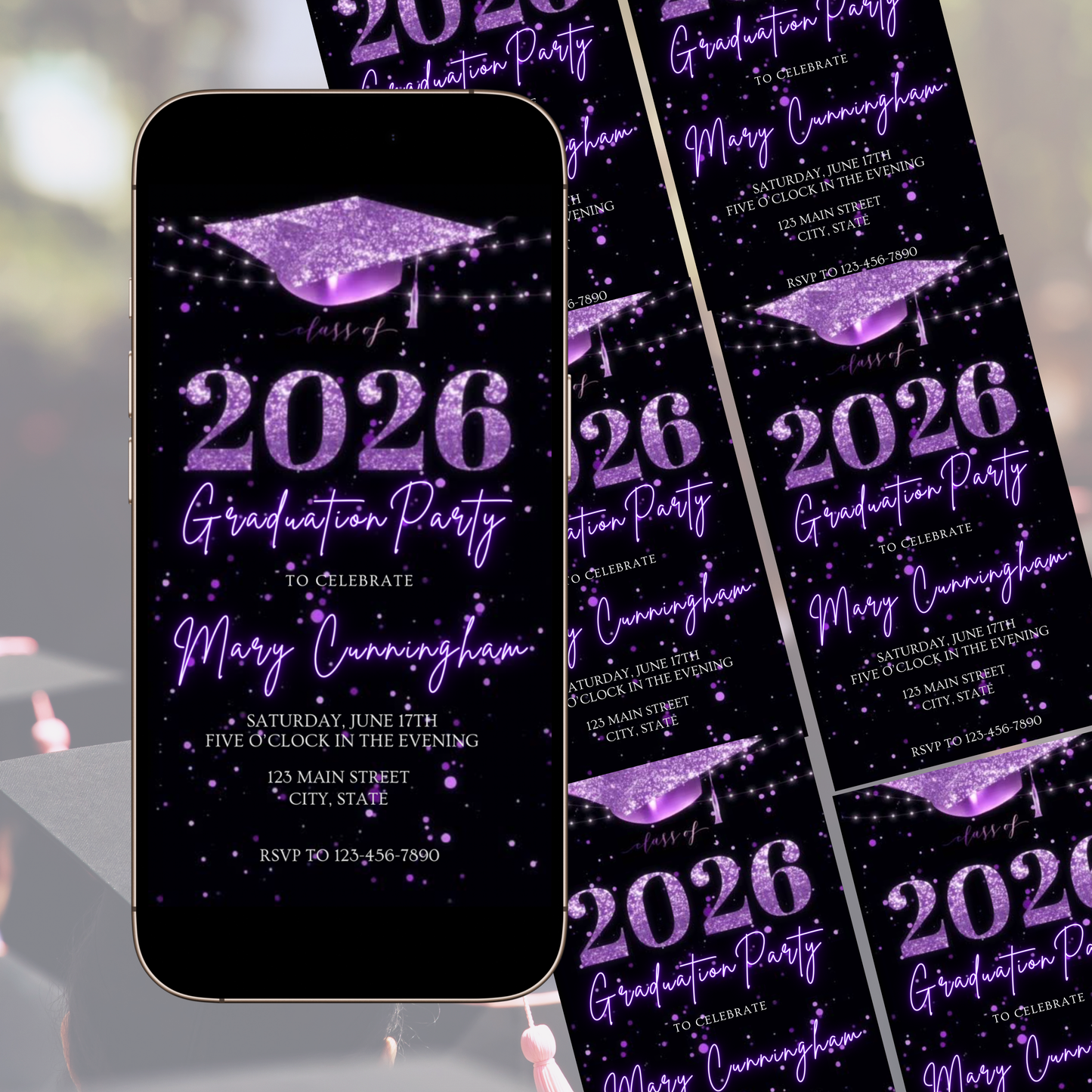 Purple Graduation Party Video Invitation | Class of 2026 Photo Invite | Editable Online RSVP Evite Canva Template