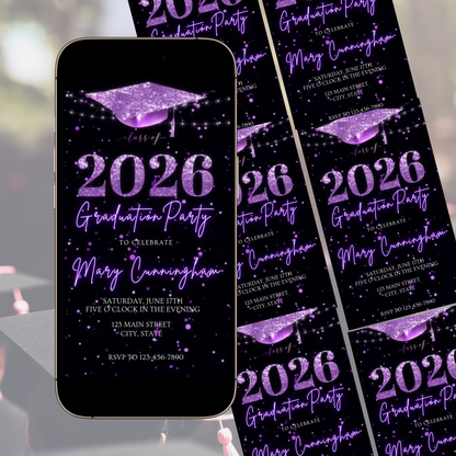 Purple Graduation Party Video Invitation | Class of 2026 Photo Invite | Editable Online RSVP Evite Canva Template