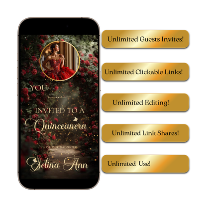 Red Roses Video Invite | Digital Quinceanera Sweet 15 16 Invite | Editable Canva Evite Template