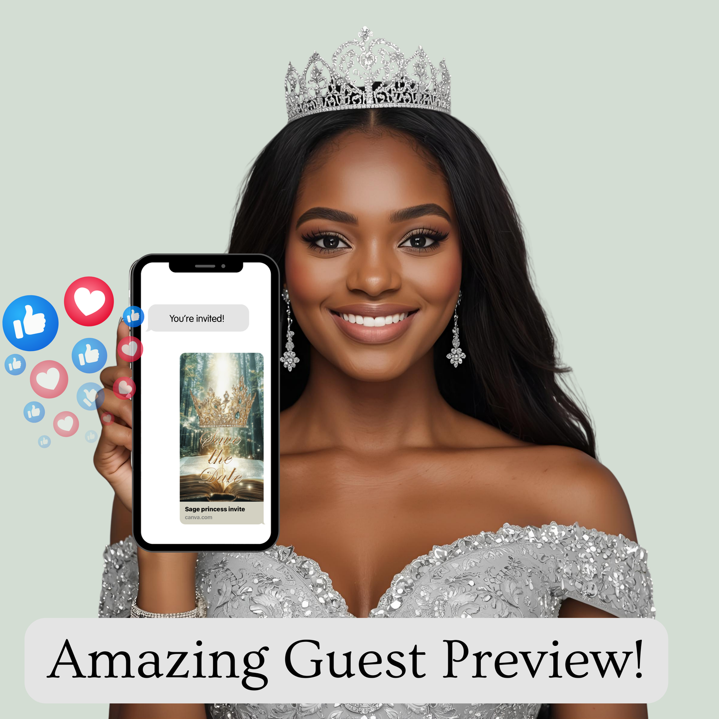 Sage Quinceañera Invitation | Princess Video Invite | Green Sweet 16 Evite | Editable Canva Template