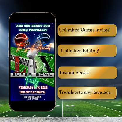 Super Bowl LX Party Video Invitation | Digital Football Game Day Invite | Editable Online Template