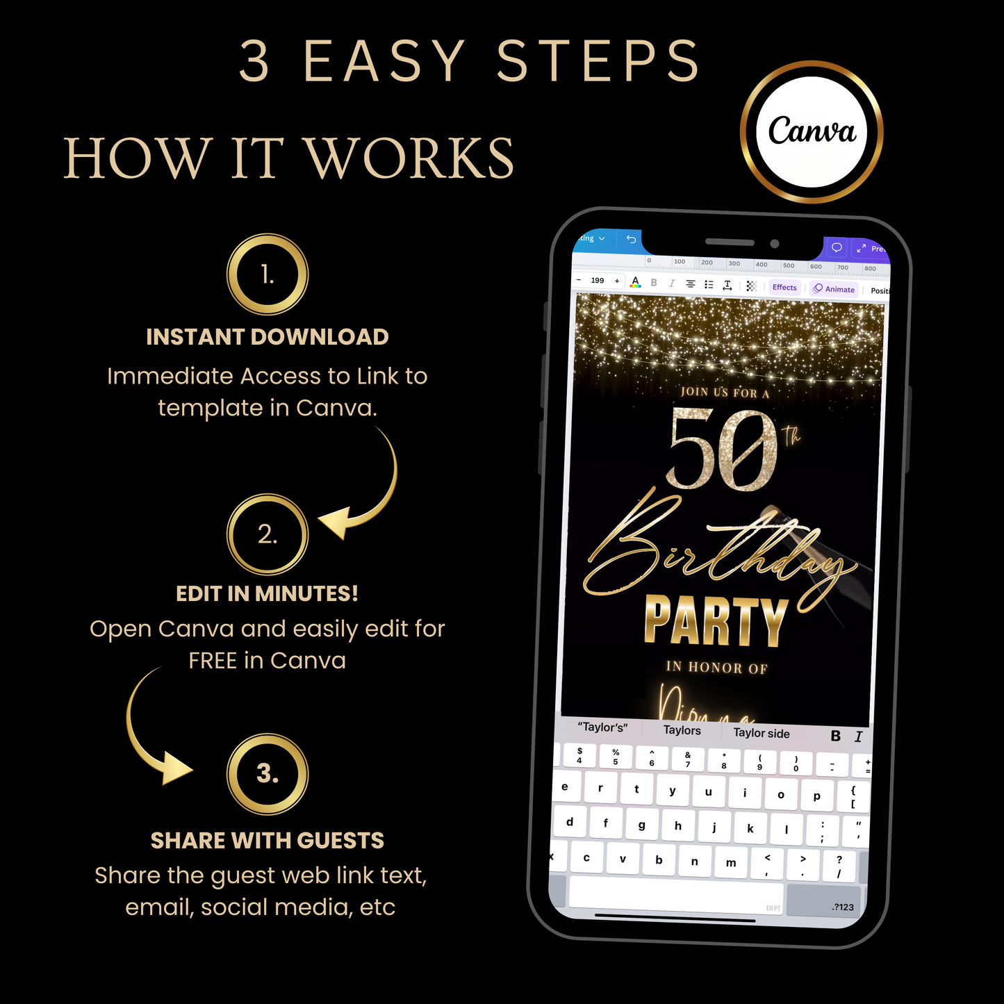Videoeinladung zum 50. Geburtstag | Elegante digitale Champagner-Einladung (animiert) | Bearbeitbare Canva-Vorlage