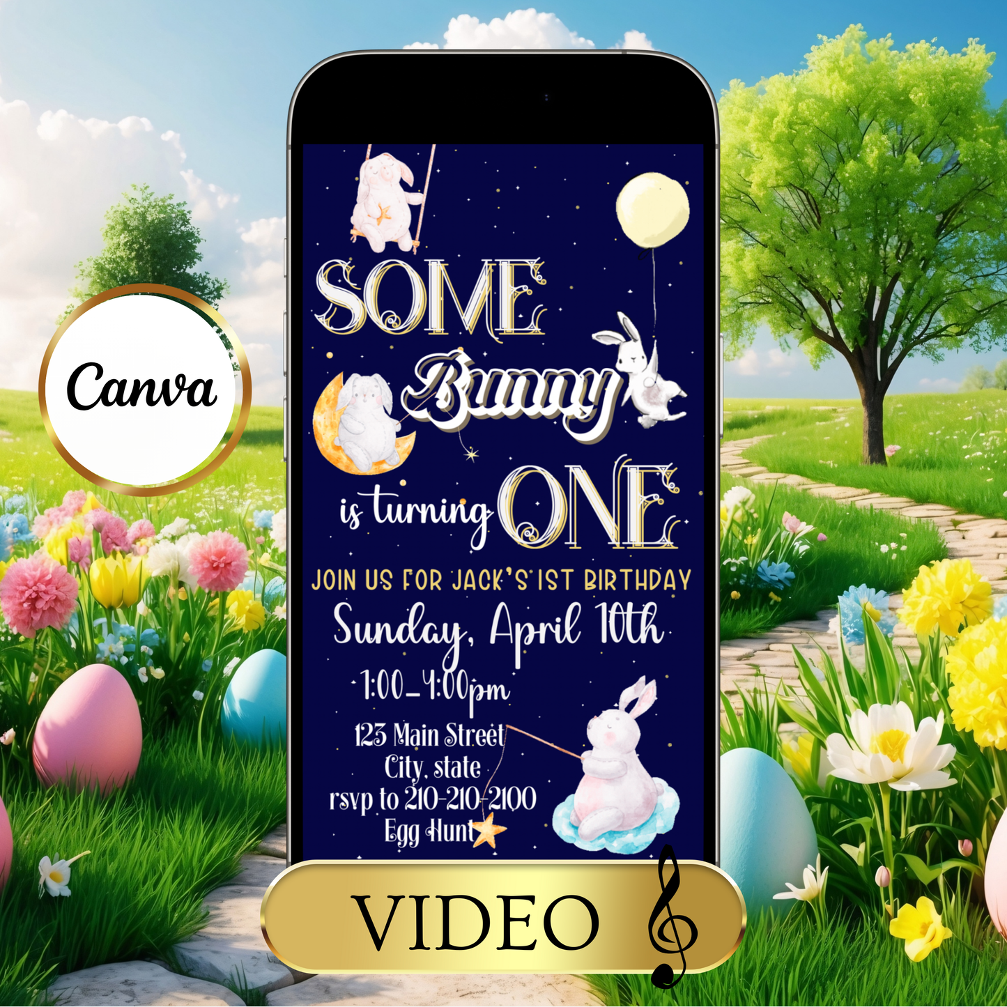 Digitale Ostereinladung, animierte Einladung zum Ostergeburtstag, digitale Vorlage „Ein Hase liebt dich“, digitale Einladung zur Babyparty mit Hasenmotiv, Canva-Vorlage