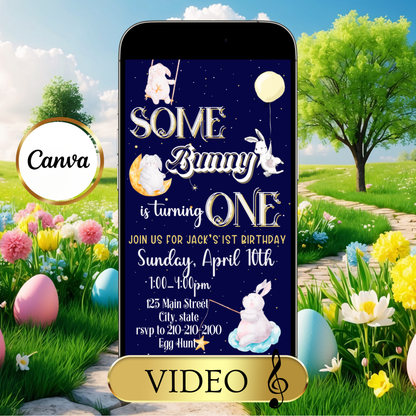 Digitale Ostereinladung, animierte Einladung zum Ostergeburtstag, digitale Vorlage „Ein Hase liebt dich“, digitale Einladung zur Babyparty mit Hasenmotiv, Canva-Vorlage