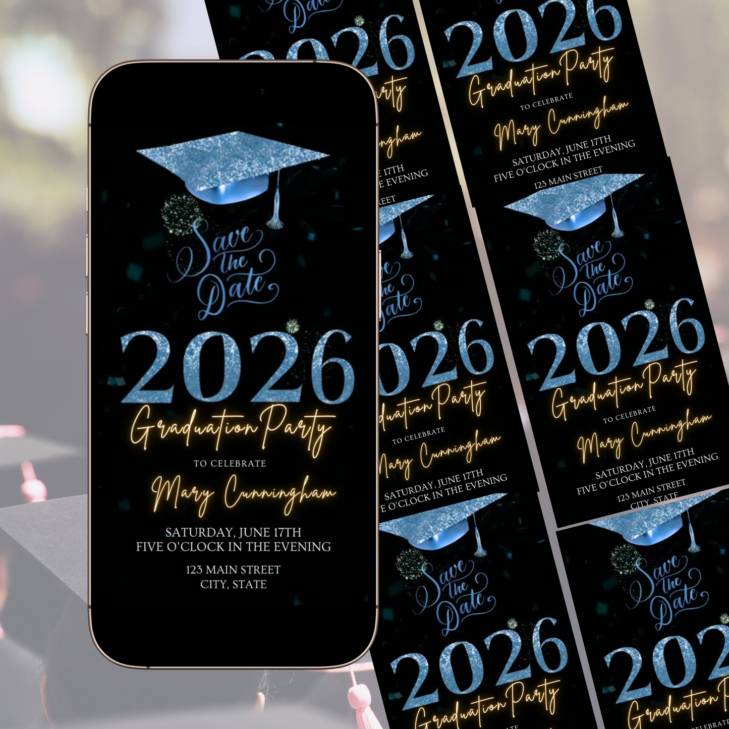 Blue Graduation Party Video Invitation | Class of 2026 Photo Invite | Editable Online RSVP Evite Canva Template