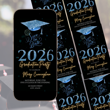 Blue Graduation Party Video Invitation | Class of 2026 Photo Invite | Editable Online RSVP Evite Canva Template