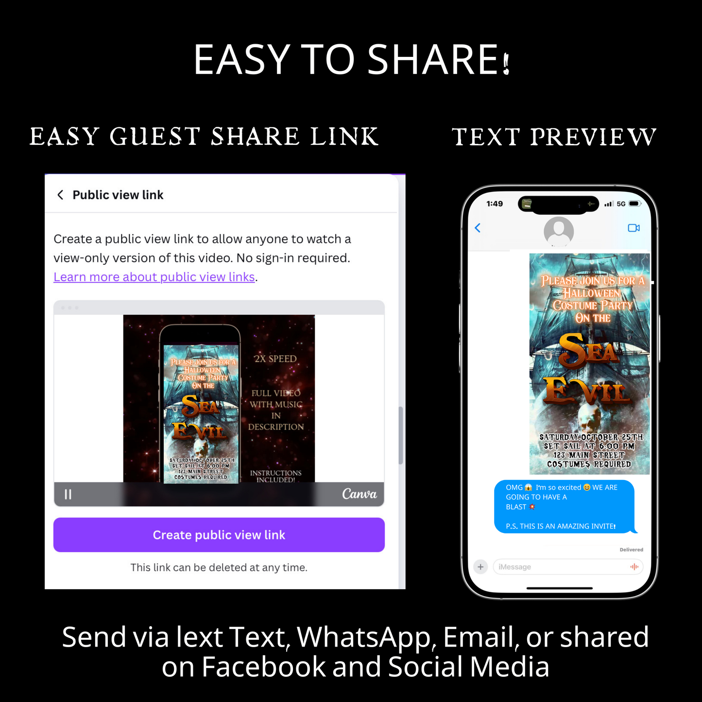 Halloween-Videoeinladung, animierte Einladung mit einem unheimlichen Seeschiff, bearbeitbare mobile Halloween-Partyeinladung