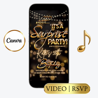 Surprise Birthday Video Invitation | Animated Gold Bokeh Digital Evite | Editable Canva Invite Template