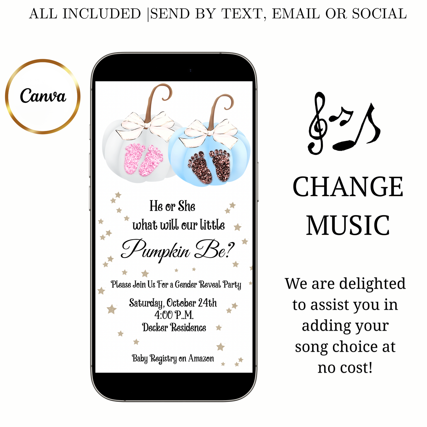 Fall Gender Reveal Video Invitation | Animated Gender Reveal Digital Evite | Editable Canva Invite Template