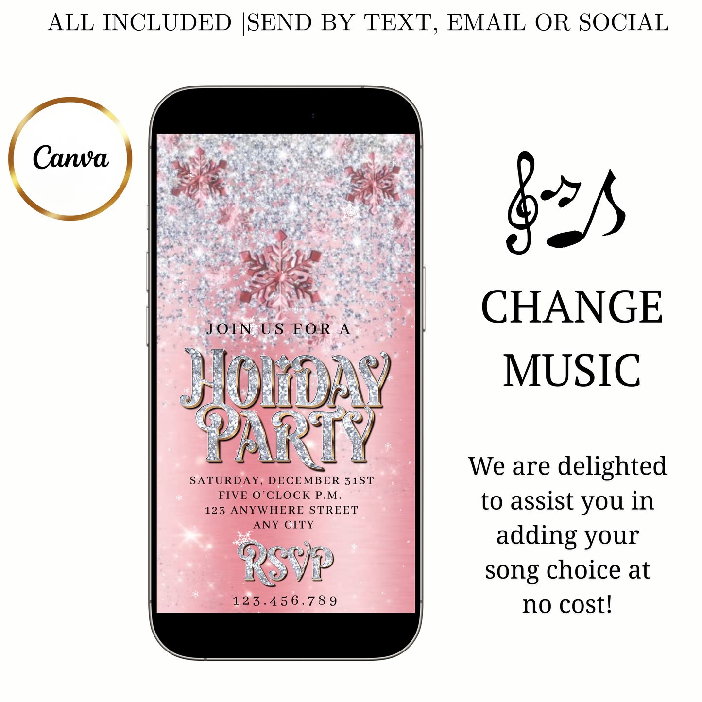 Christmas Party Video Invitation | Animated Pink Holiday Party Digital Evite | Editable Canva Invite Template
