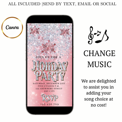 Christmas Party Video Invitation | Animated Pink Holiday Party Digital Evite | Editable Canva Invite Template