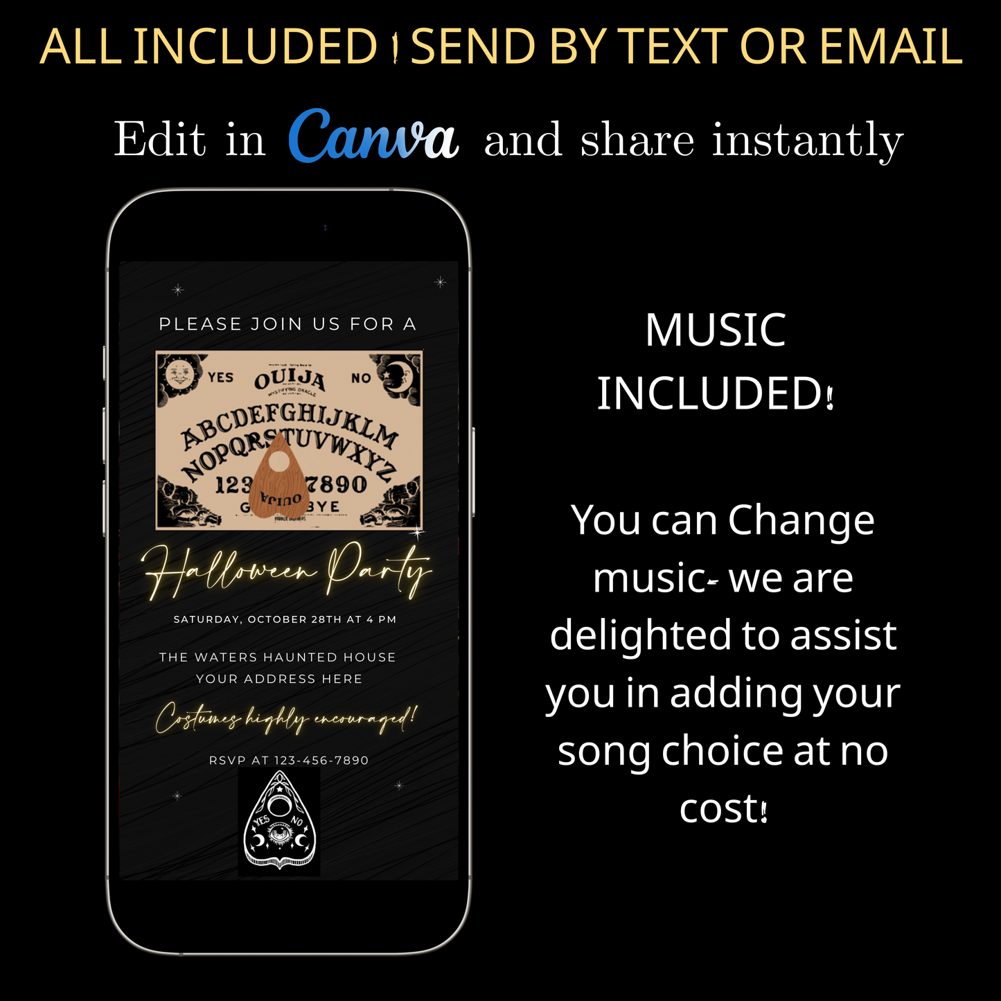 Halloween-Videoeinladung, animierte Einladung mit Ouija-Brett, bearbeitbare mobile Einladung zur Halloween-Party