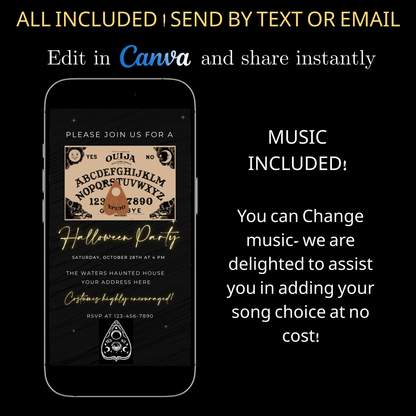Halloween-Videoeinladung, animierte Einladung mit Ouija-Brett, bearbeitbare mobile Einladung zur Halloween-Party