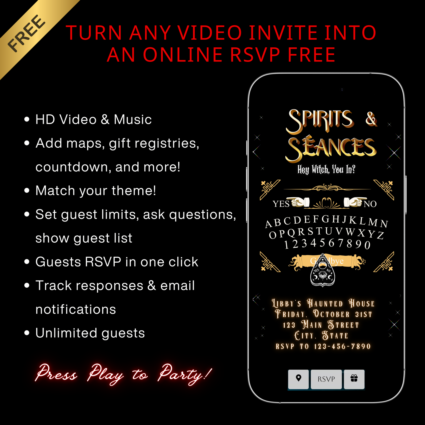 Halloween Video Invitation, Ouija Board Animated Invite, Editable Halloween Party Mobile Evite