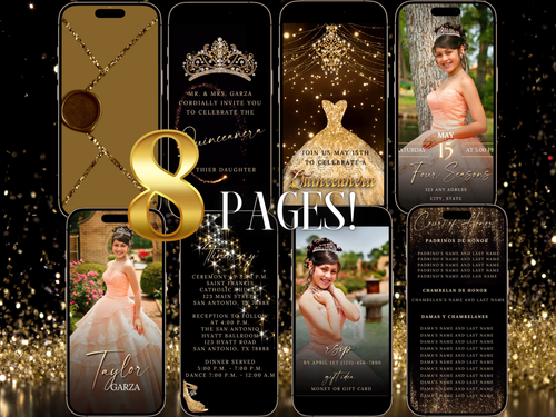 Black and Gold Quinceanera Video Invite | Animated Sweet 15 16 Quince Evite | Editable Canva Evite Template