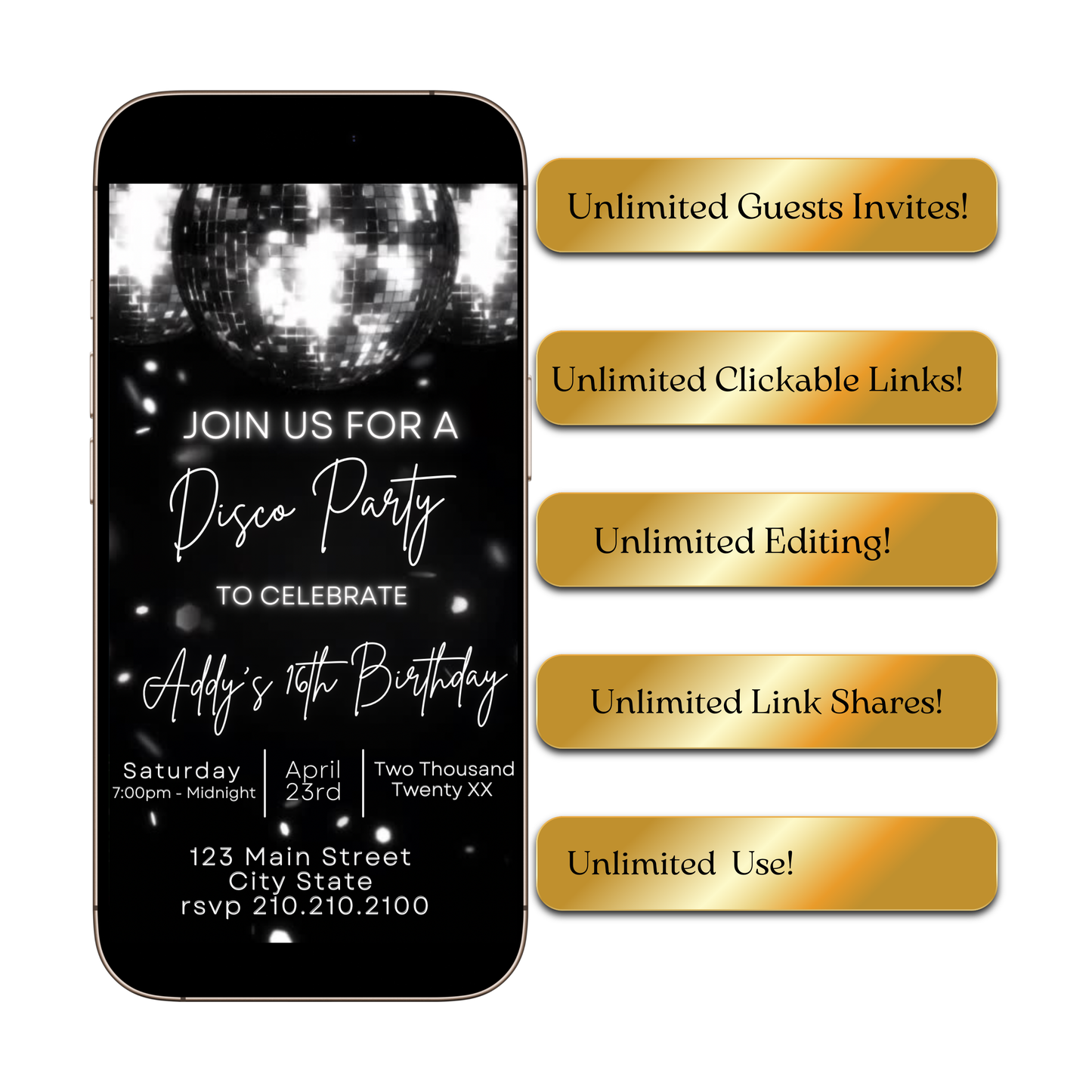 Video-Einladung zur Disco-Ära | Digitale Disco-Einladung für Mobilgeräte | Online-Vorlage zum Bearbeiten