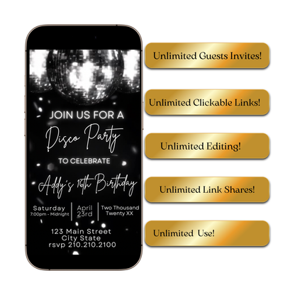 Video-Einladung zur Disco-Ära | Digitale Disco-Einladung für Mobilgeräte | Online-Vorlage zum Bearbeiten