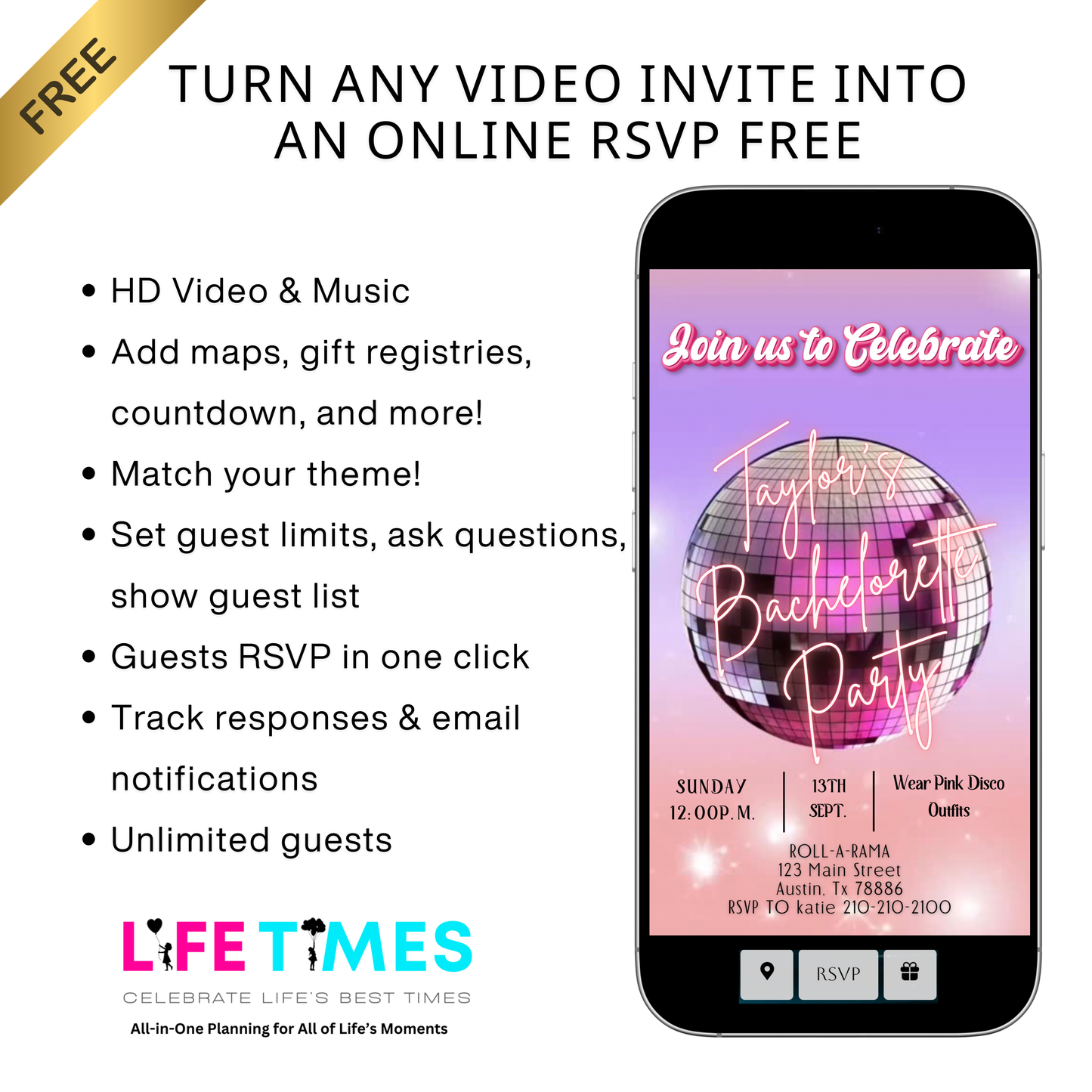 Pinke Disco-Videoeinladung | Animierte Discokugel-Einladung | Digitale Canva-Vorlage
