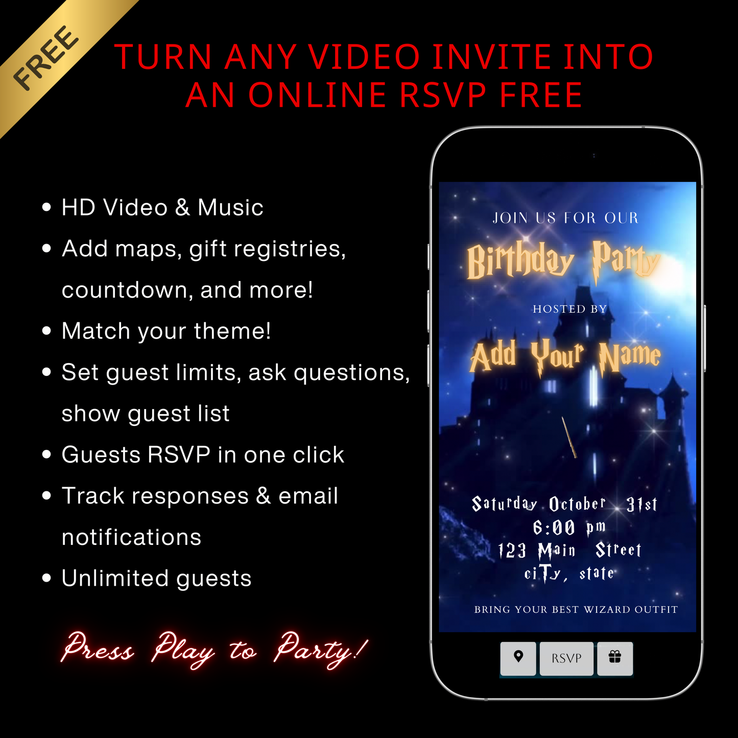 Halloween-Videoeinladung, animierte Harry-Potter-Einladung, bearbeitbare mobile Halloween-Party-Einladung