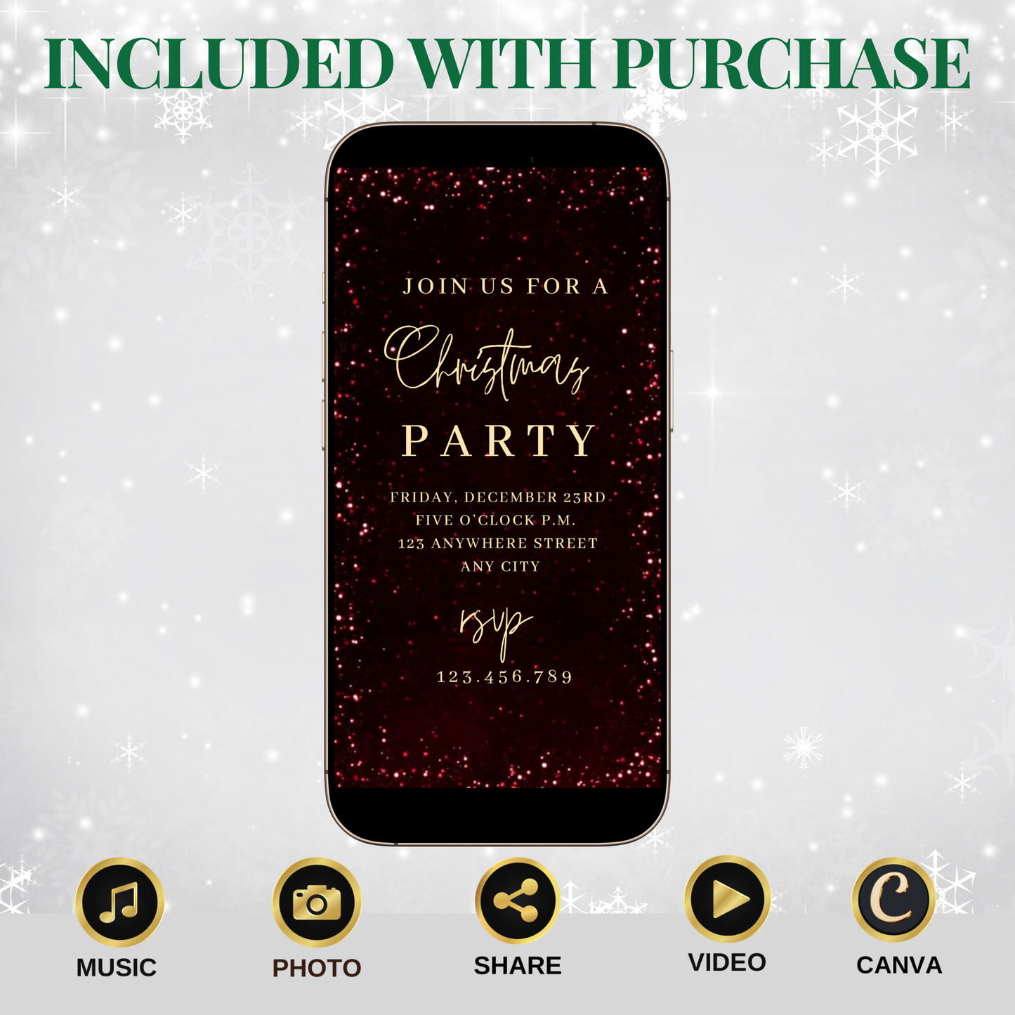 Red Glitter Christmas Party Video Invitation – Editable Red and Gold Elegant Holiday Evite