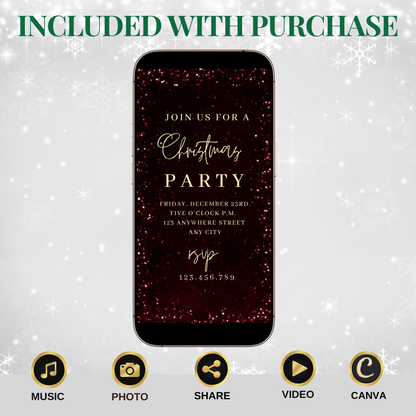 Red Glitter Christmas Party Video Invitation – Editable Red and Gold Elegant Holiday Evite