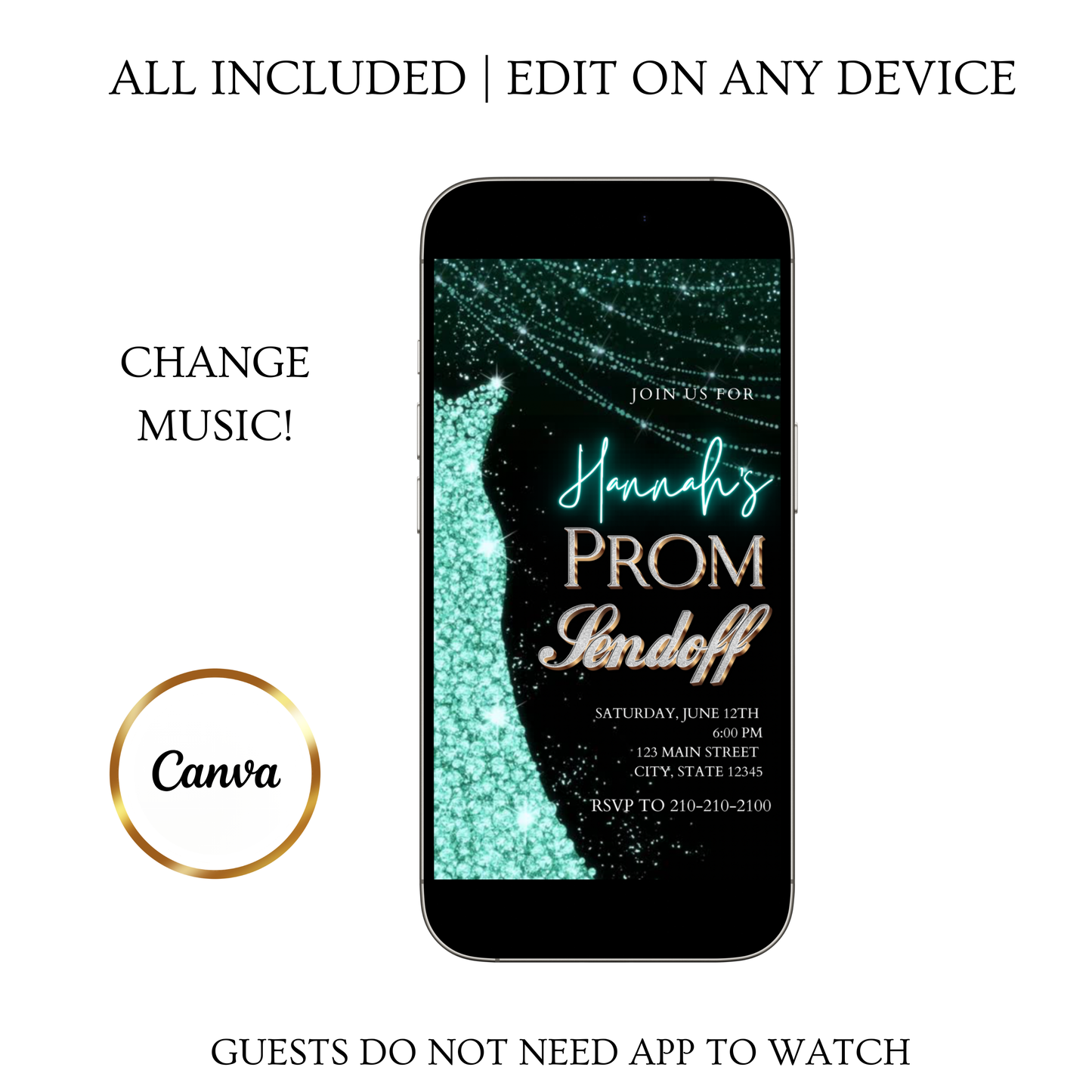 Turquoise Prom Send Off Video Invitation – Editable Canva Animated Invite