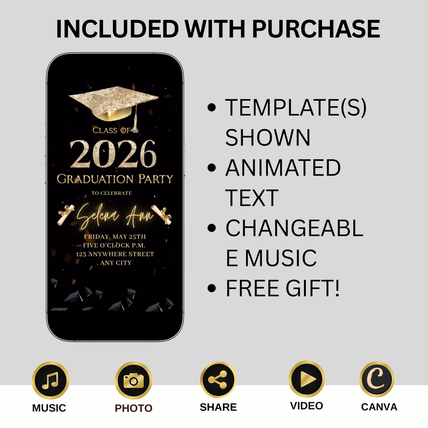 Graduation Party Video Invitation | Digital Gold Graduate Invite | Editable Canva Template