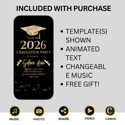 Graduation Party Video Invitation | Digital Gold Graduate Invite | Editable Canva Template