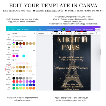 Paris Night Video Invitation| Editable Elegant Birthday Party Evite | Canva Template