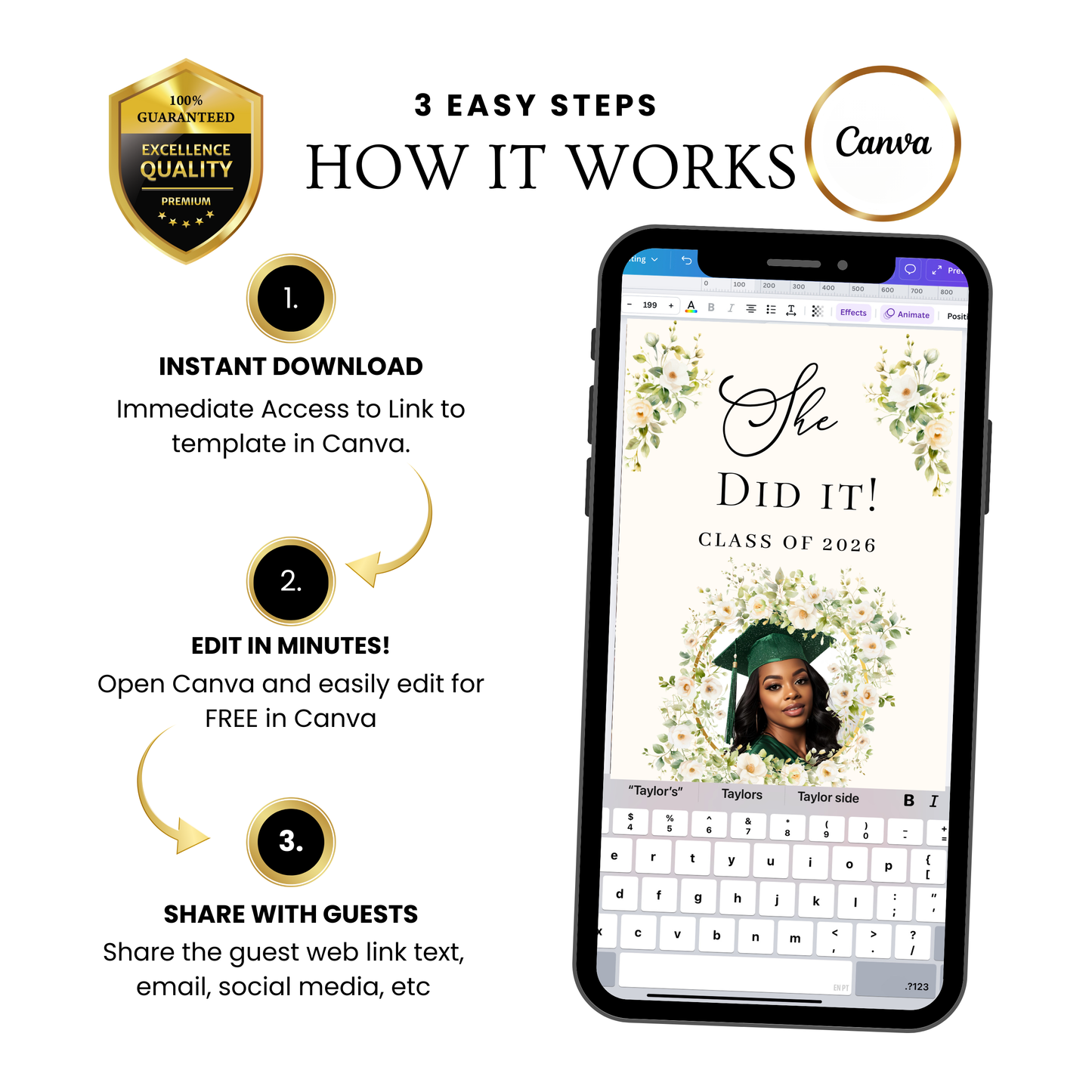 Graduation Party Video Invitation | Spring Floral Graduation Invite for Her | Editable Online RSVP Evite Canva Template