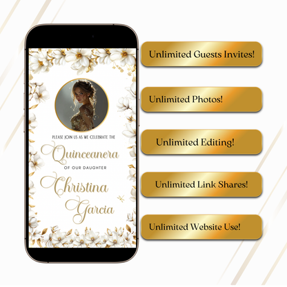 White and Gold Quinceañera Invitation | Royal Princess Video Invite with RSVP Website | Editable Canva Template | Elegant Gold Dress Sweet 16 Digital Evite